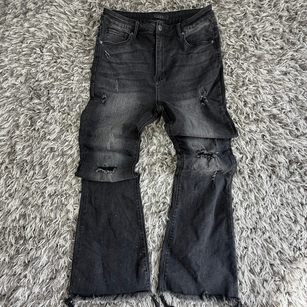 Risen Los Angeles Distressed Flare Jeans Black High Rise Ripped Sz 15 32 RDP1295